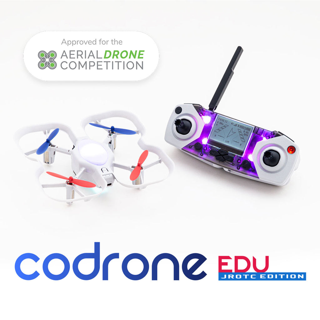 CoDrone EDU (JROTC edition) and Smart Controller on a white background with logo and Aerial Drone Competition approval seal