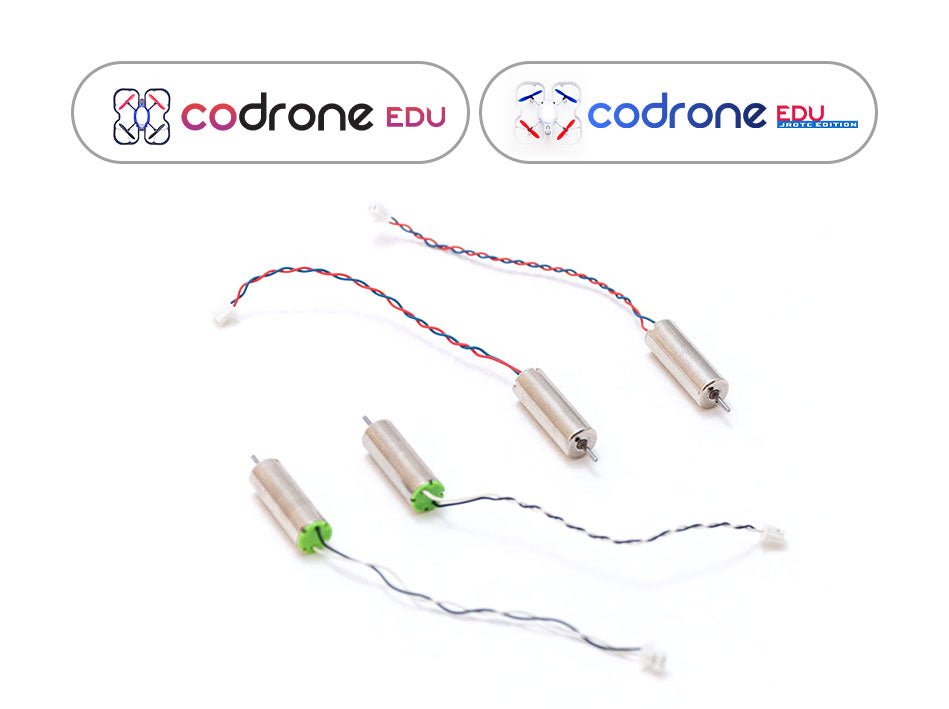 CoDrone EDU motors, two clockwise and two counter clockwise. Sitting on a white background.