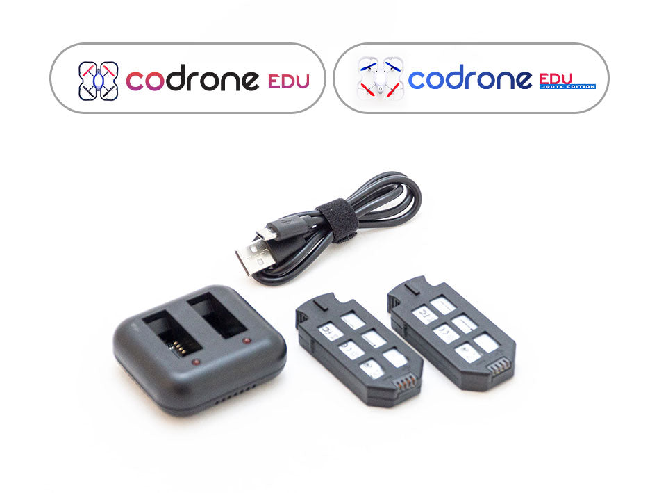 A CoDrone EDU power pack, which includes a 2-battery charger, 2 batteries, and a micro USB cable