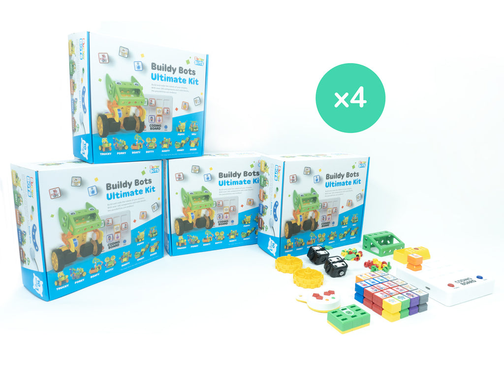 Buildy Bots classroom set of 4 Ultimate Kits. You can build a bunch of robots and code them without using a screen.