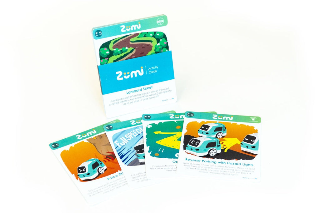 Zumi activity cards, which include various learning challenges to complete using coding and robotics skills