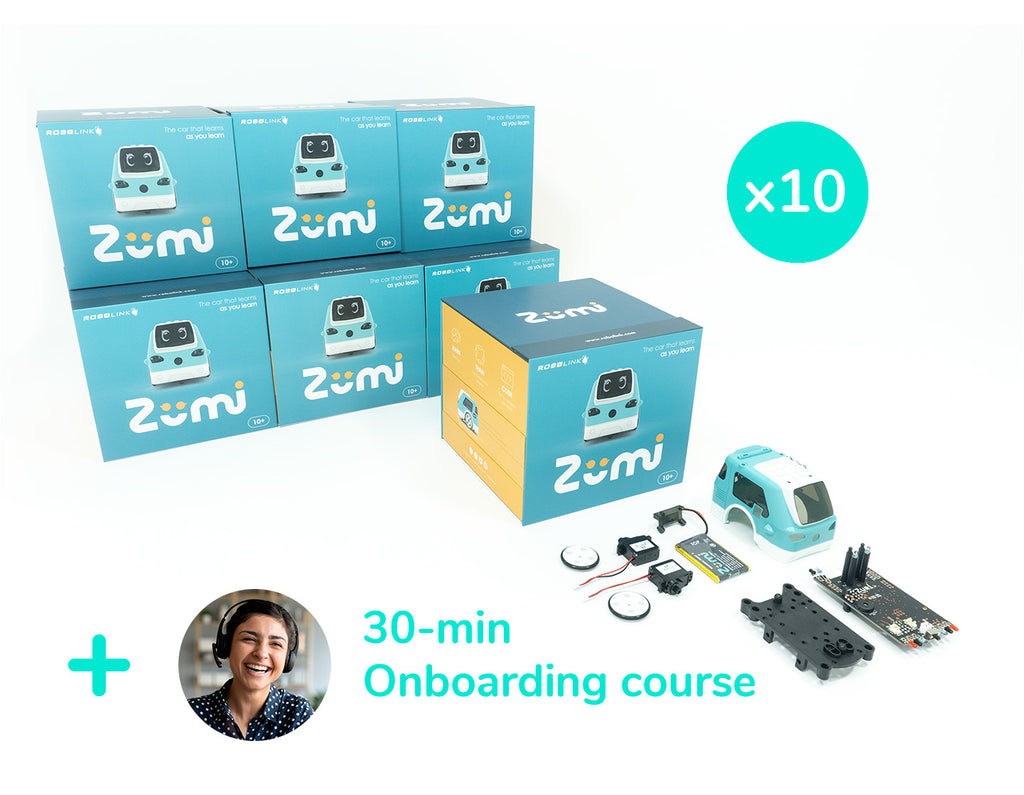 Zumi classroom set of 10 robotics kits, with box contents laid out in front.