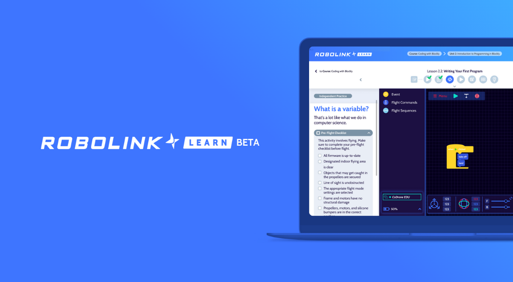 A laptop with a Robolink lesson on the screen