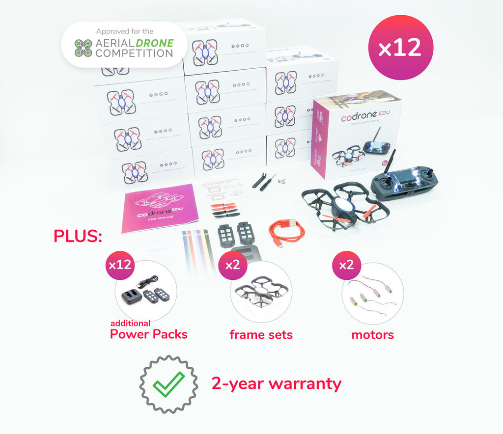 CoDrone EDU Small Classroom set, with 12 drone kits, 12 additional power packs, a frame set, motors.