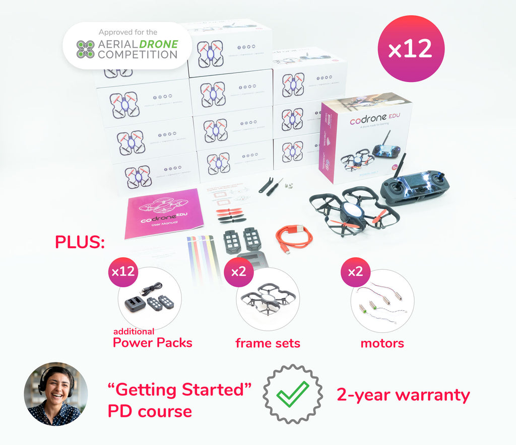 CoDrone EDU Small Classroom set, with 12 drone kits, 12 additional power packs, a frame set, motors, and professional development