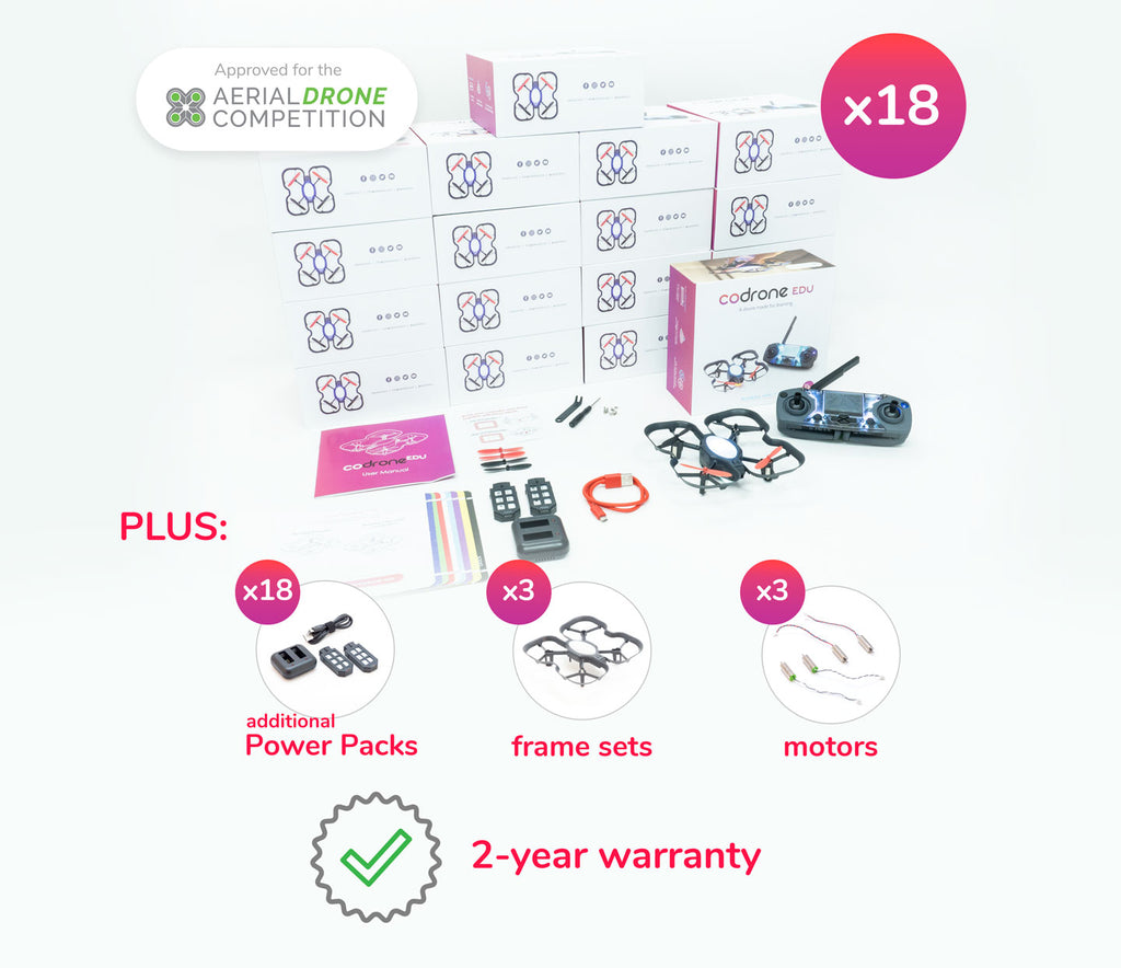 CoDrone EDU Classroom set, with 18 drone kits, 18 additional power packs, a frame set, motors.