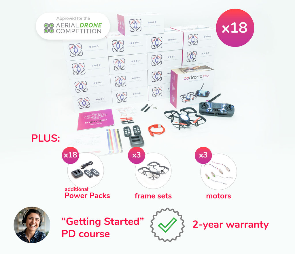 CoDrone EDU Small Classroom set, with 18 drone kits, 18 additional power packs, a frame set, motors, and professional development