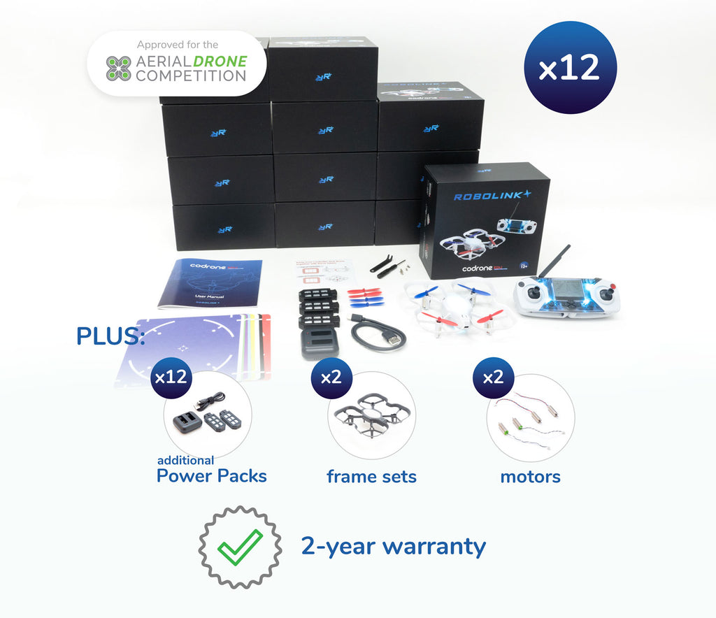 CoDrone EDU (JROTC edition) classroom kit of 12 drones. Includes additional accessories, like power packs, frames, and replacement motors.