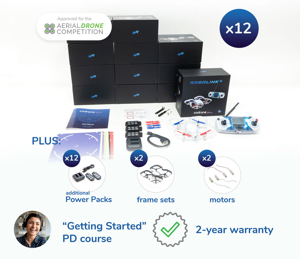 CoDrone EDU (JROTC edition) classroom kit of 12 drones. Includes additional accessories, like power packs, frames, and replacement motors, and 2 hours of PD.