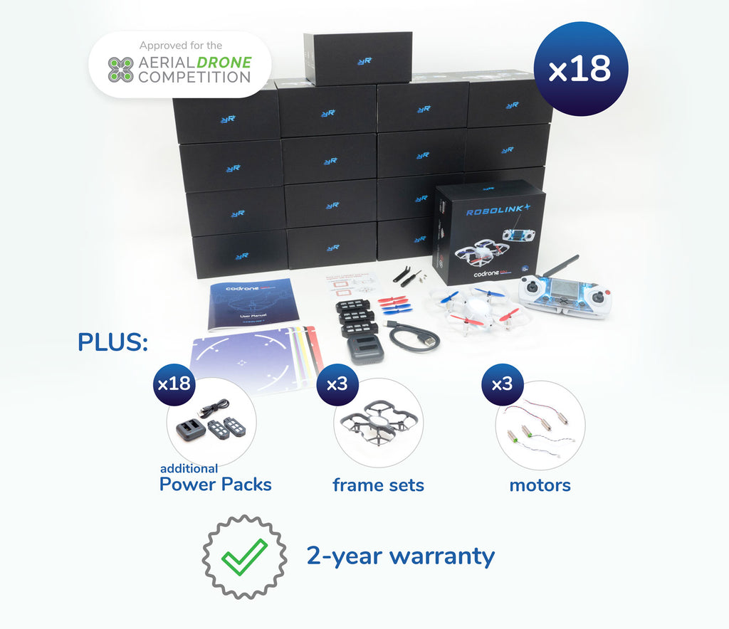 CoDrone EDU (JROTC edition) classroom kit of 18 drones. Includes additional accessories, like power packs, frames, and replacement motors.