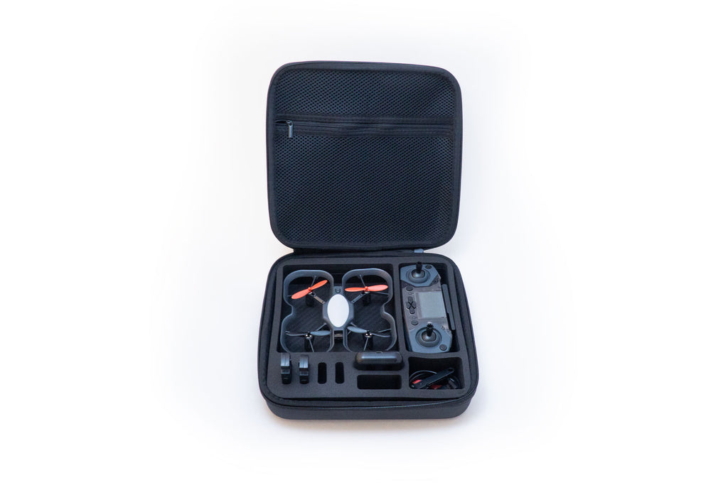 CoDrone EDU carrying case with a full kit inside, viewing it from straight on