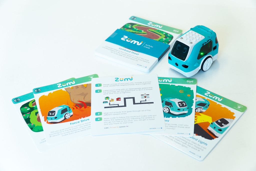 Zumi activity cards with an example of the speed limit challenge, which requires using navigation and code to solve