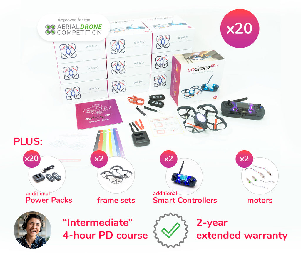 CoDrone EDU Small Classroom set, with 20 drone kits, 20 additional power packs, 2 frame sets, 2 additional controllers, 2 motor sets, and professional development.