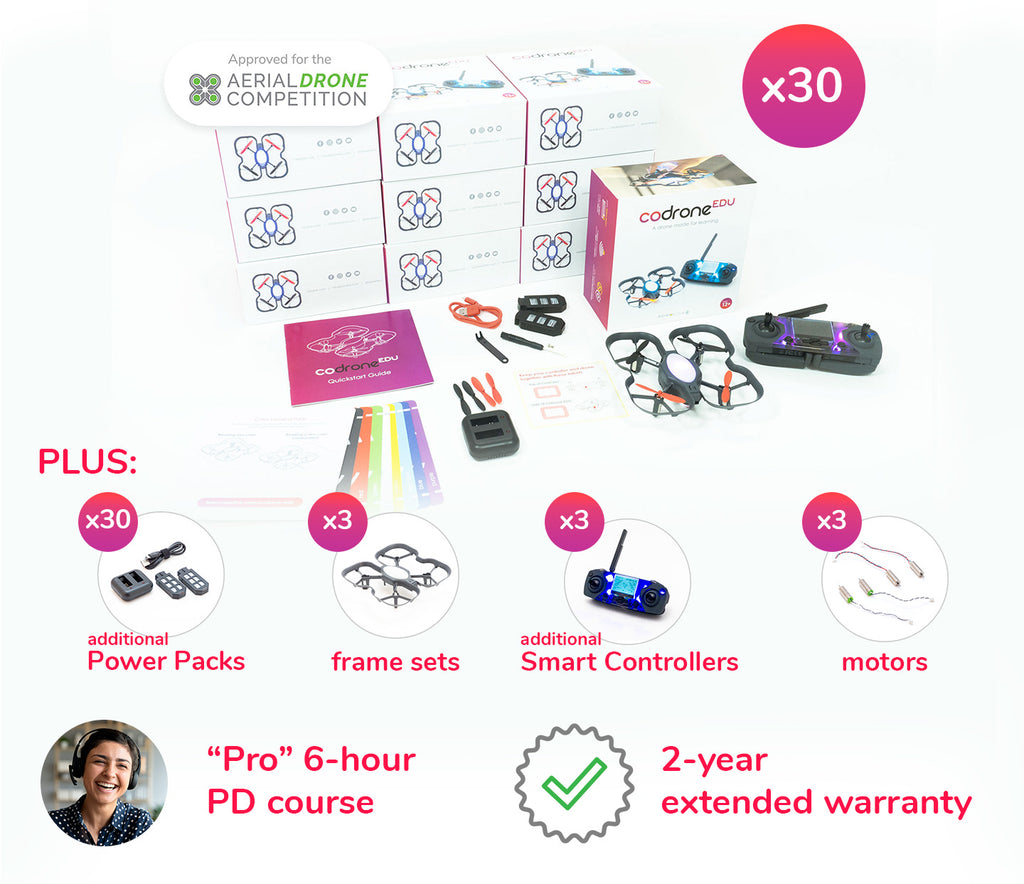 CoDrone EDU Small Classroom set, with 30 drone kits, 30 additional power packs, 3 frame sets, 3 additional controllers, 3 motor sets, and professional development.