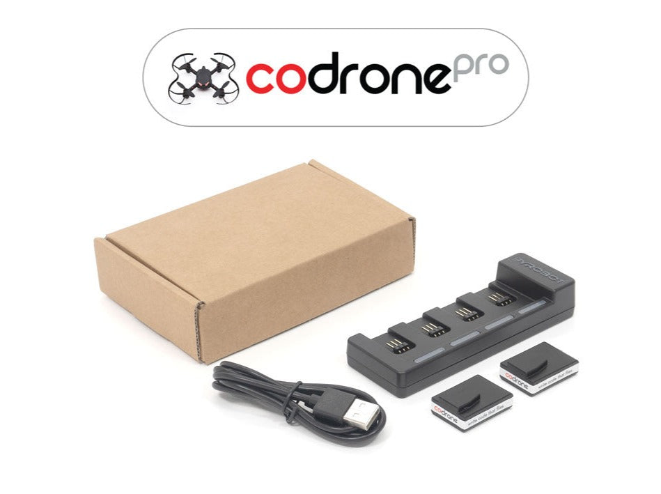 A CoDrone Pro Power Pack that includes a multi-charging station, 2 batteries, and a Micro USB cable
