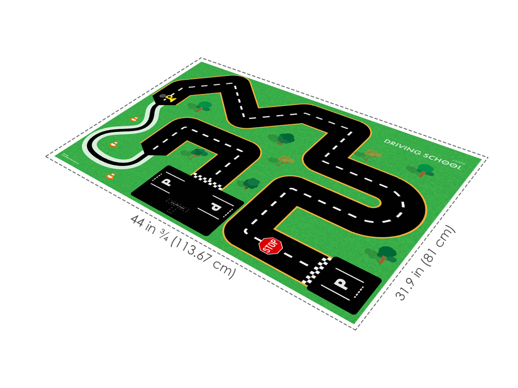 The Driving School mat, which is a high quality vinyl and measures 44 x 23 in, or 114 x 81 centimeters