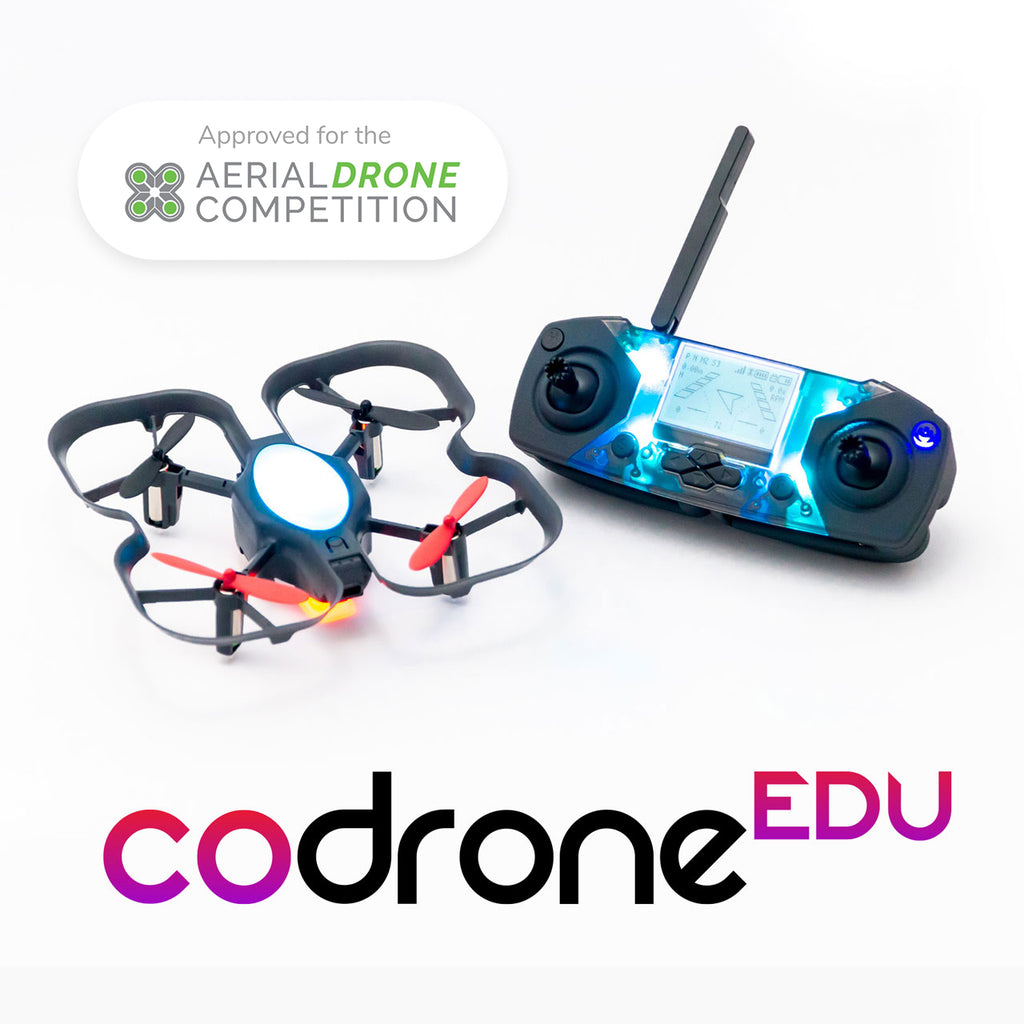 CoDrone EDU and Smart Controller on a white background with logo and Aerial Drone Competition approval seal