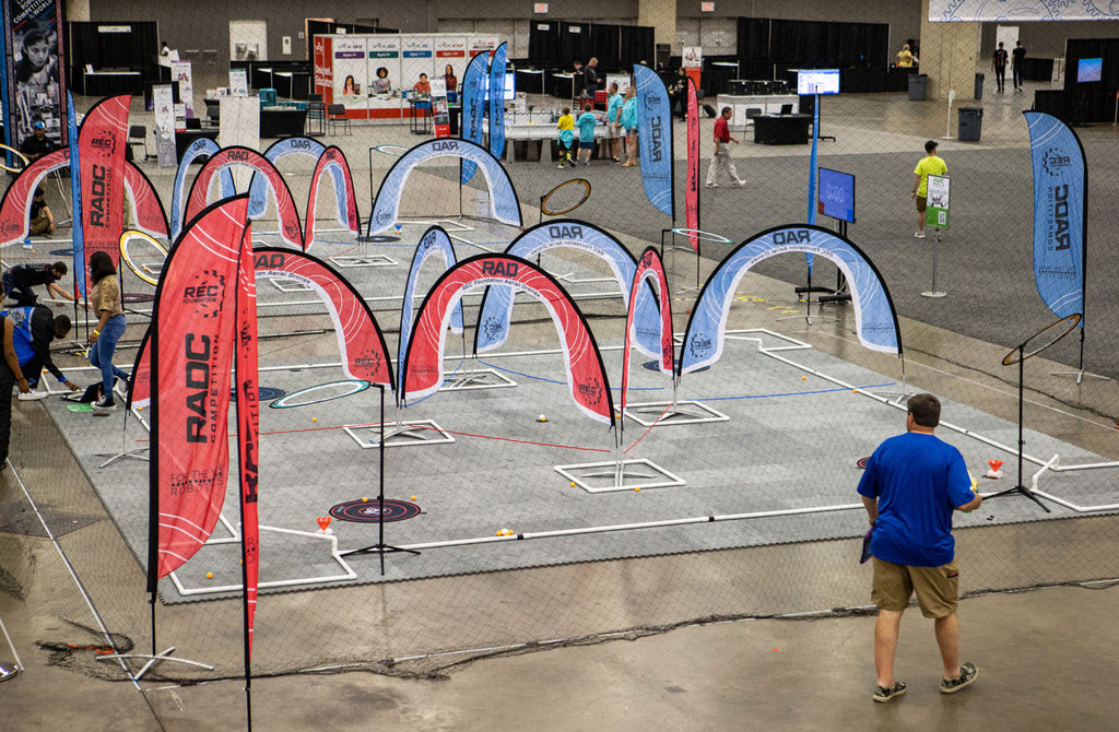 Aerial Drone Competition field elements laid out in an arena