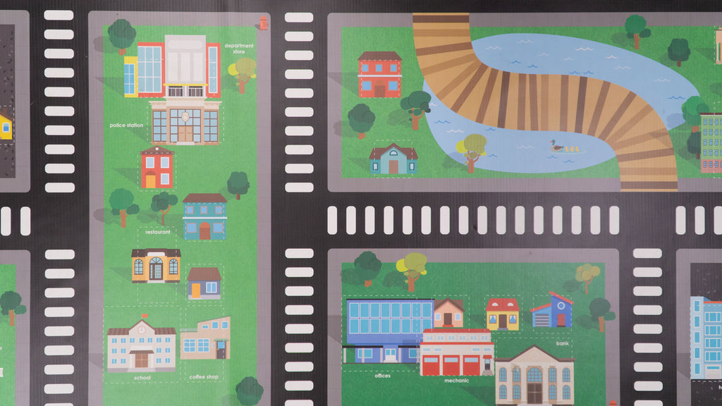 A top down view of the Zumitown mat, showing examples of the park, the various businesses, and the buildings you can set use as destinations for navigating to with AI and code in the classroom challenges